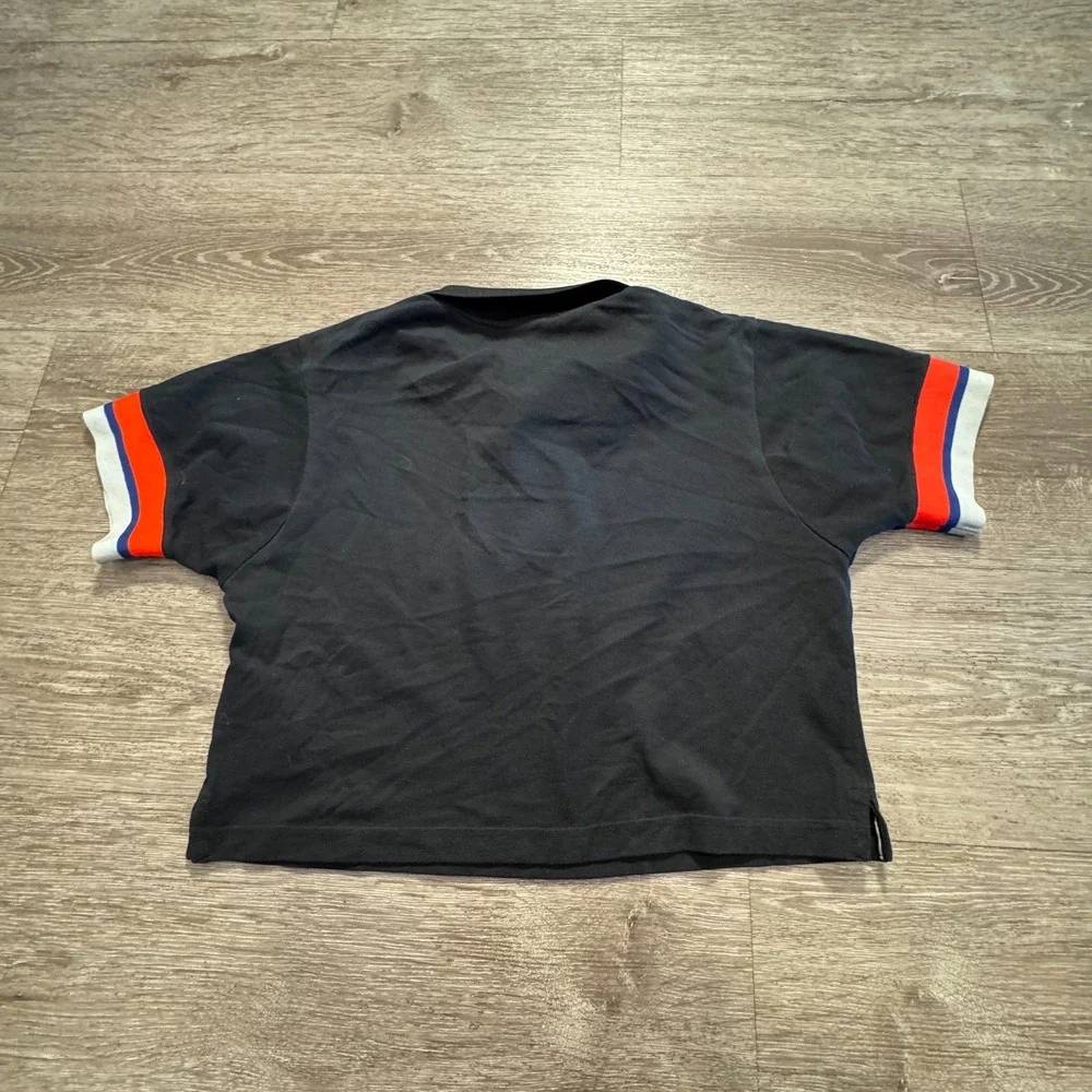 Nike Polo Shirt Womens Small Black Running Spellout Swoosh Crop Outdoor Collared